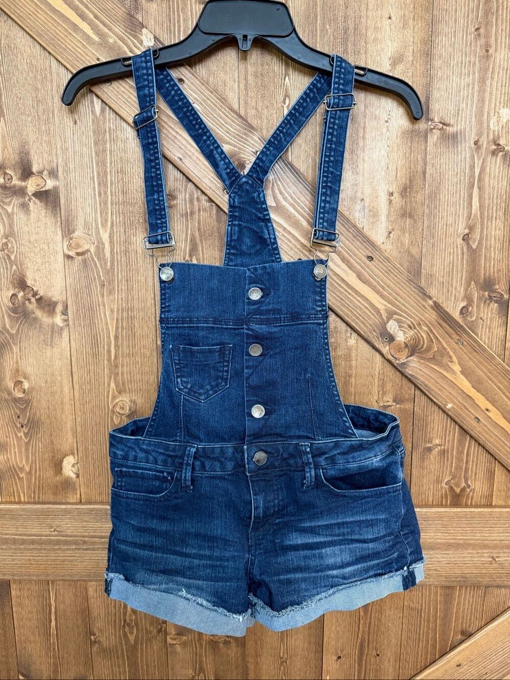 YMI junior Size 5 Denim Short Overalls Dark Wash Cuffed Jean Shortalls (9003)